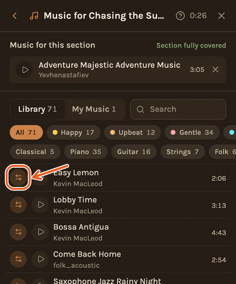 The music picker on a phone, with the swap button beside the first song marked.