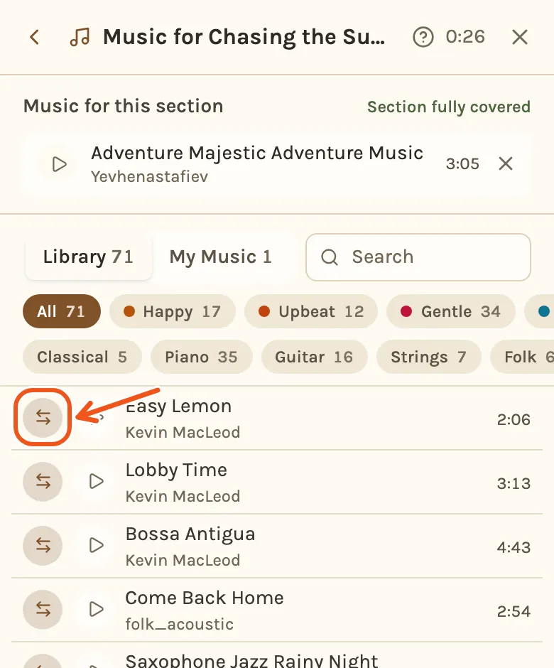 The music picker on a phone, with the swap button beside the first song marked.