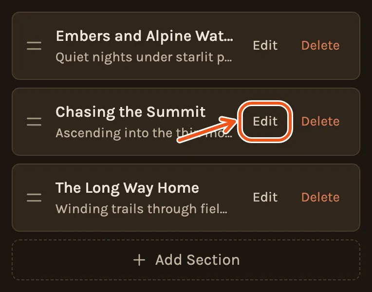 The list of sections in Settings on a phone, with Edit marked on one of them.