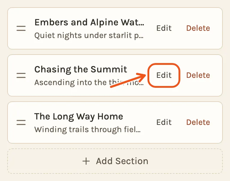 The list of sections in Settings on a phone, with Edit marked on one of them.