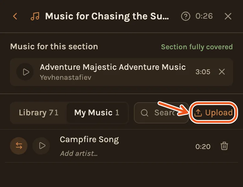The My Music tab of the music picker on a phone, with the Upload button marked.