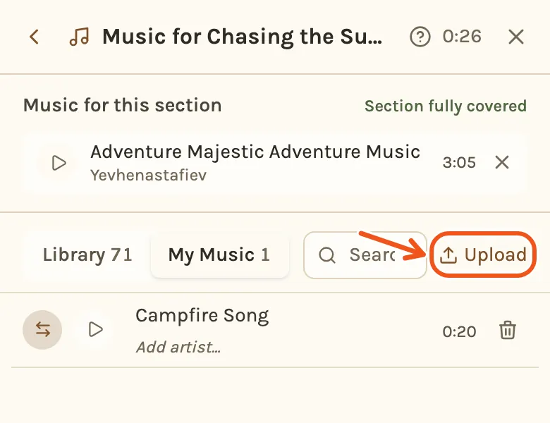 The My Music tab of the music picker on a phone, with the Upload button marked.