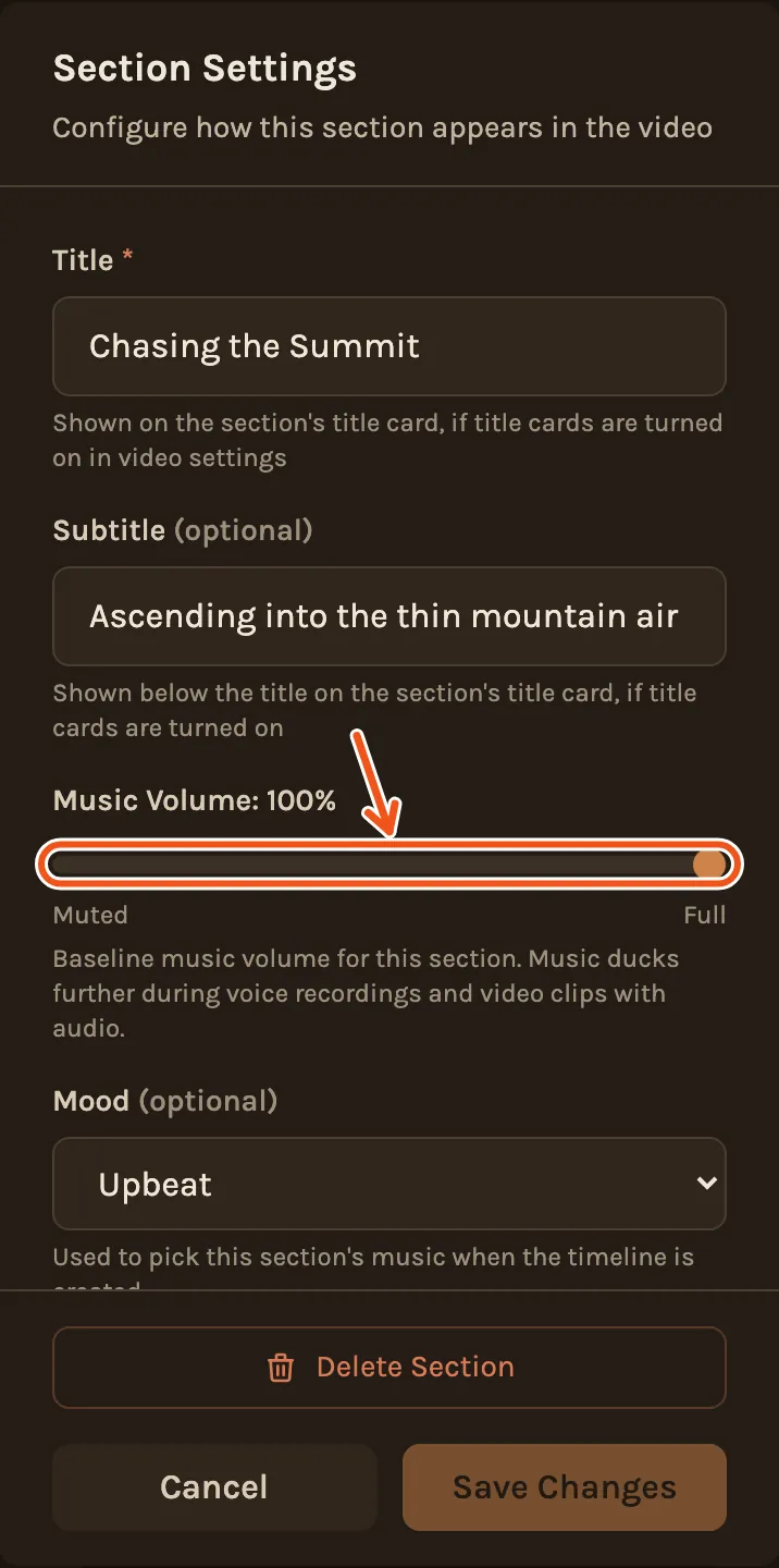 The settings for one section on a phone, with the Music Volume slider marked.