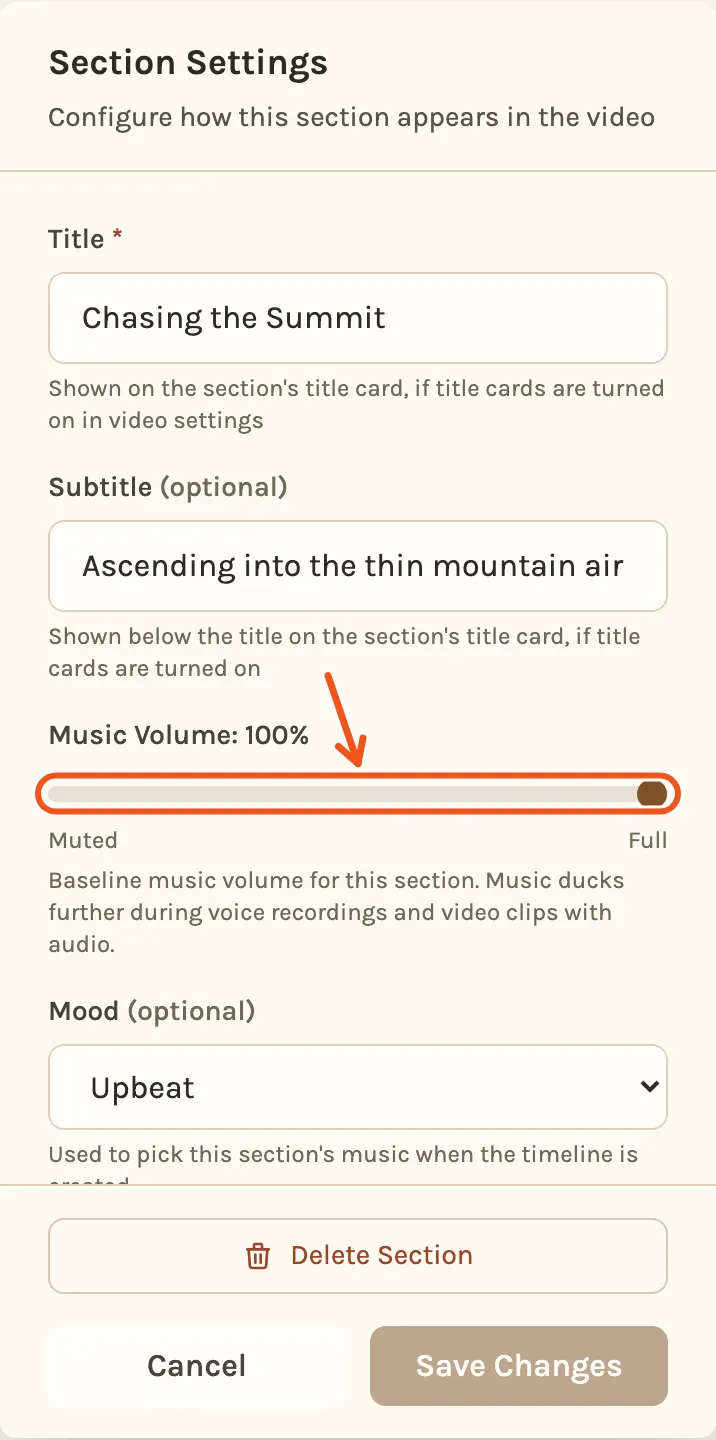 The settings for one section on a phone, with the Music Volume slider marked.