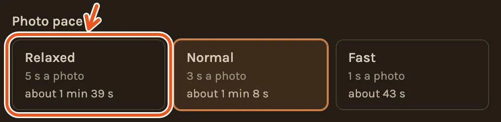 The Photo pace choice in Create Video, with Relaxed marked and the length of the film for each pace.