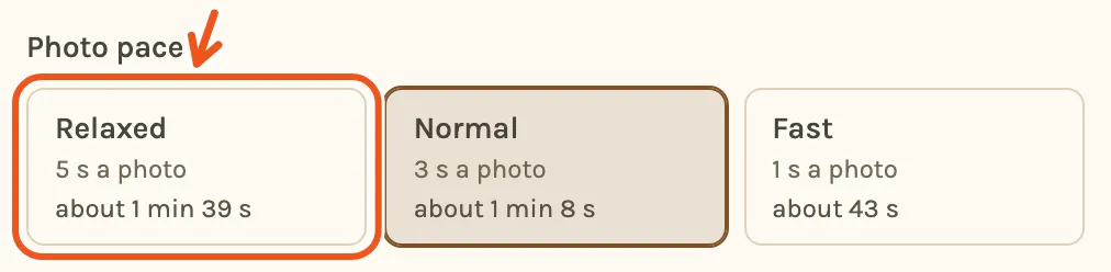 The Photo pace choice in Create Video, with Relaxed marked and the length of the film for each pace.