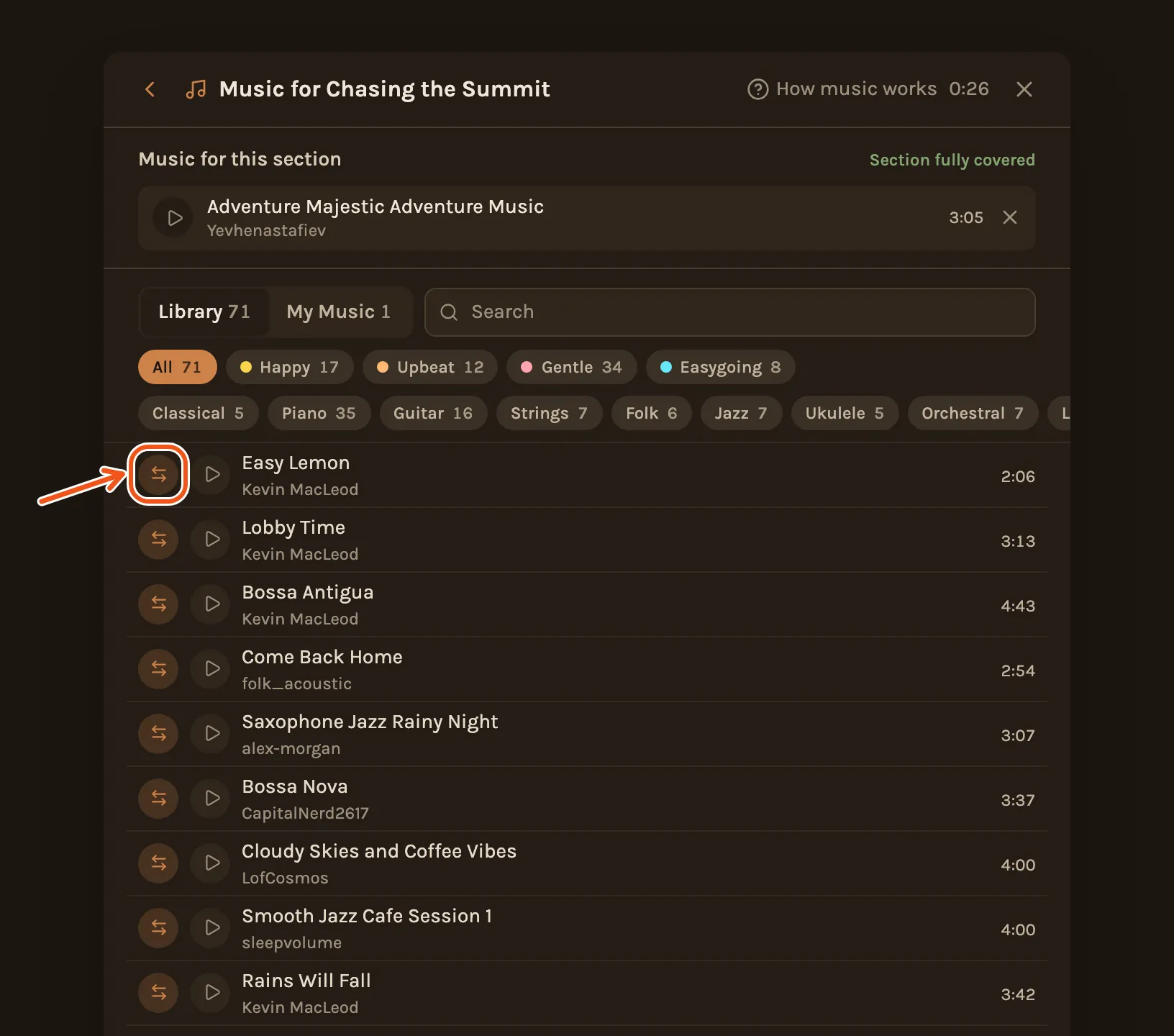 The music picker on the Library tab, with the swap button beside the first song marked.