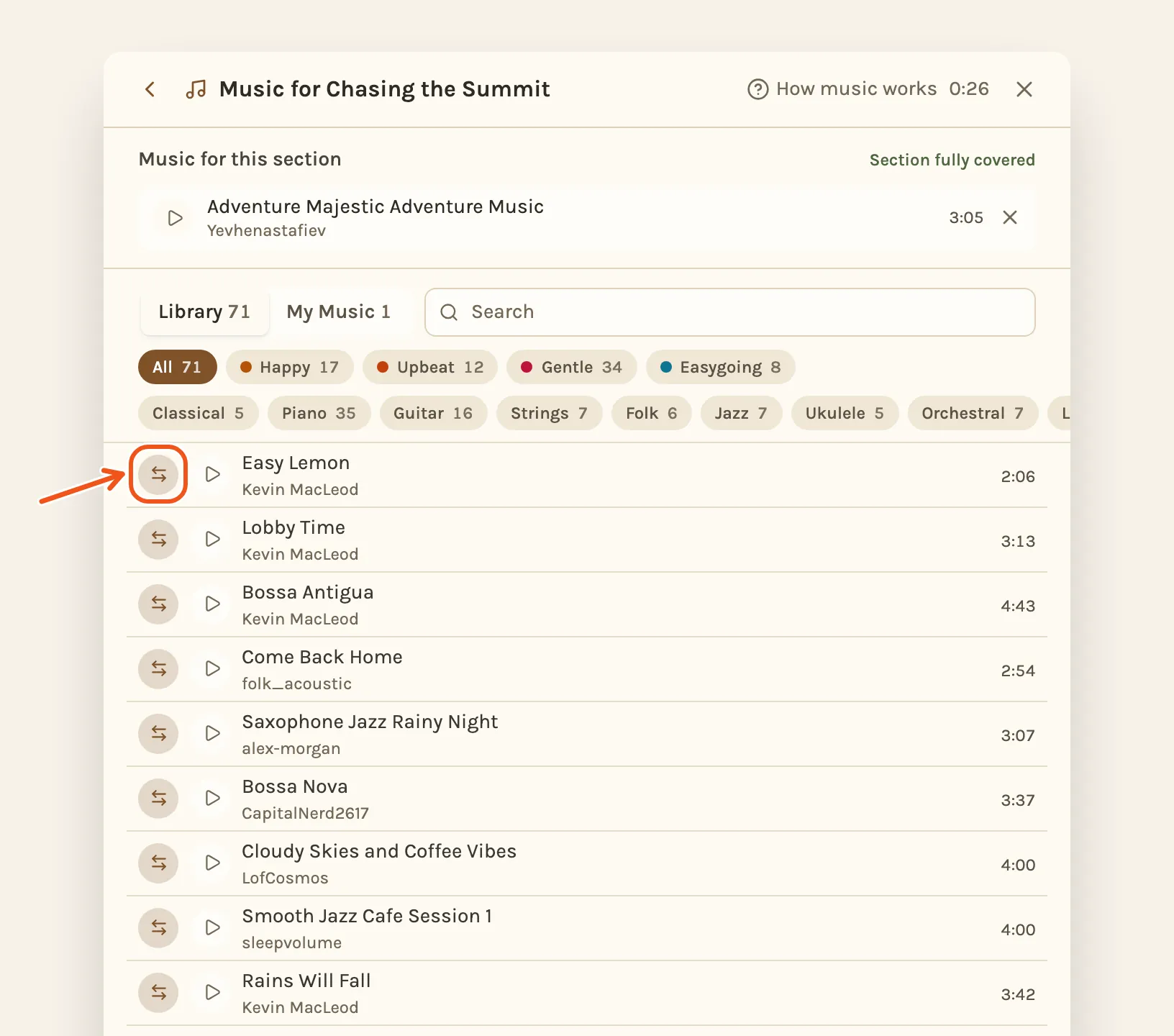 The music picker on the Library tab, with the swap button beside the first song marked.
