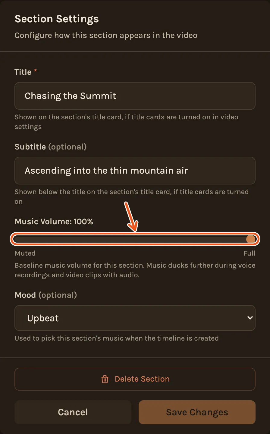 The settings for one section, with the Music Volume slider marked.