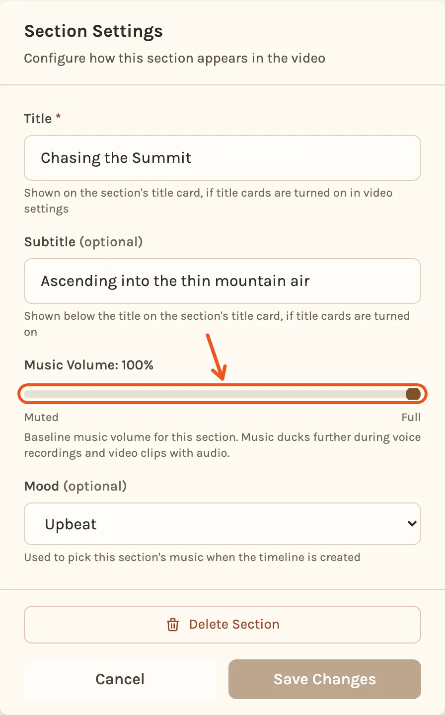 The settings for one section, with the Music Volume slider marked.