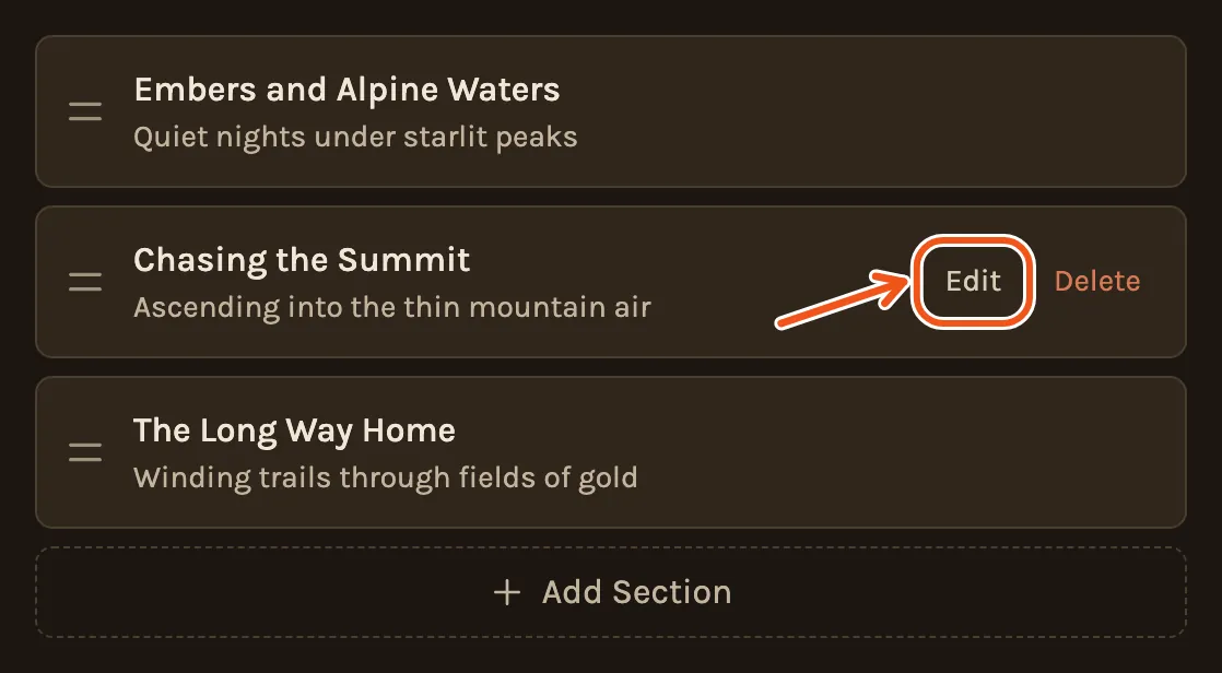 The list of sections in Settings, with Edit marked on one of them.