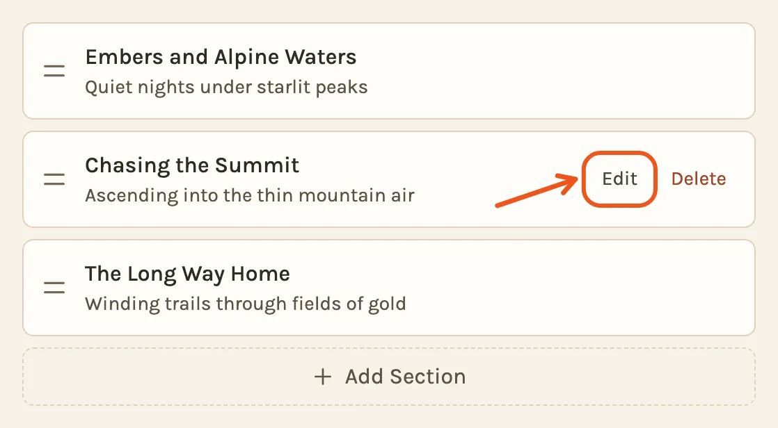 The list of sections in Settings, with Edit marked on one of them.