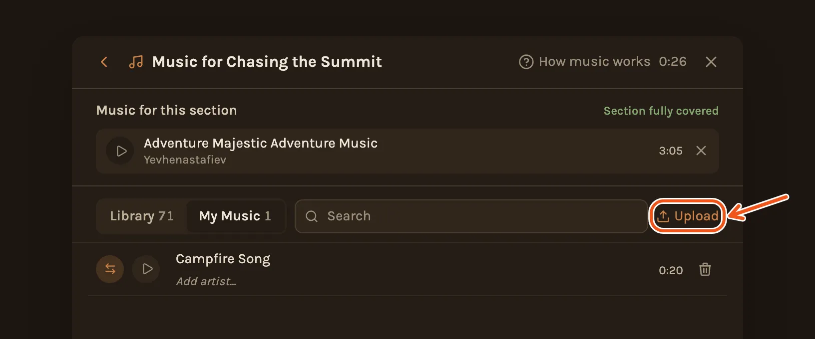 The My Music tab in the music picker, with the Upload button marked.