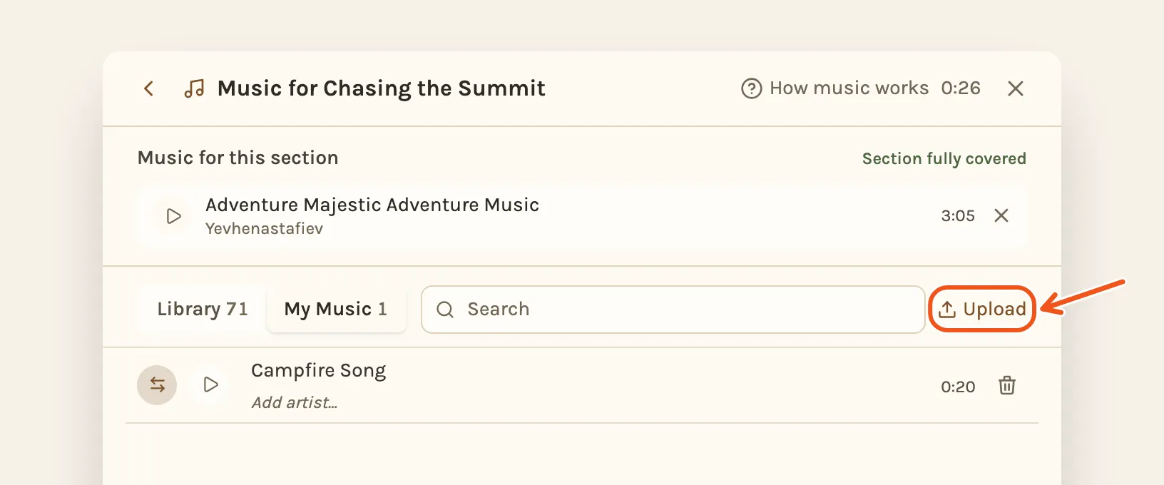 The My Music tab in the music picker, with the Upload button marked.