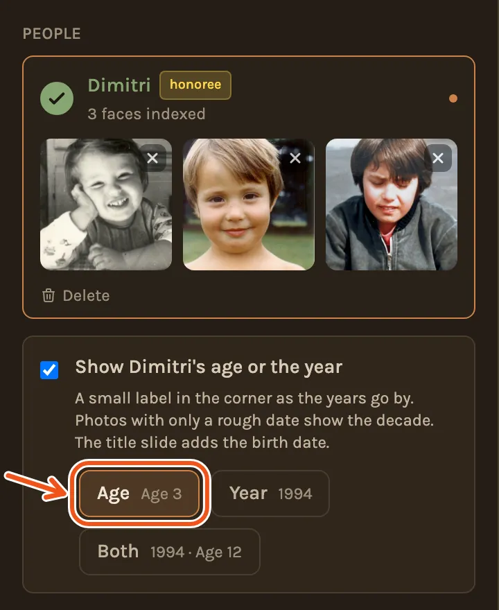 Dimitri's card in the tribute setup, and under it Show Dimitri's age or the year ticked, with Age chosen.