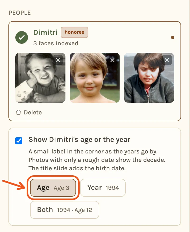 Dimitri's card in the tribute setup, and under it Show Dimitri's age or the year ticked, with Age chosen.