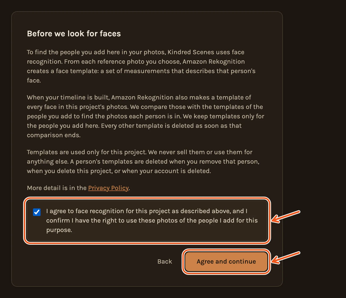Before we look for faces: how Amazon Rekognition makes face templates and when they are deleted, with the agreement box ticked and Agree and continue marked.