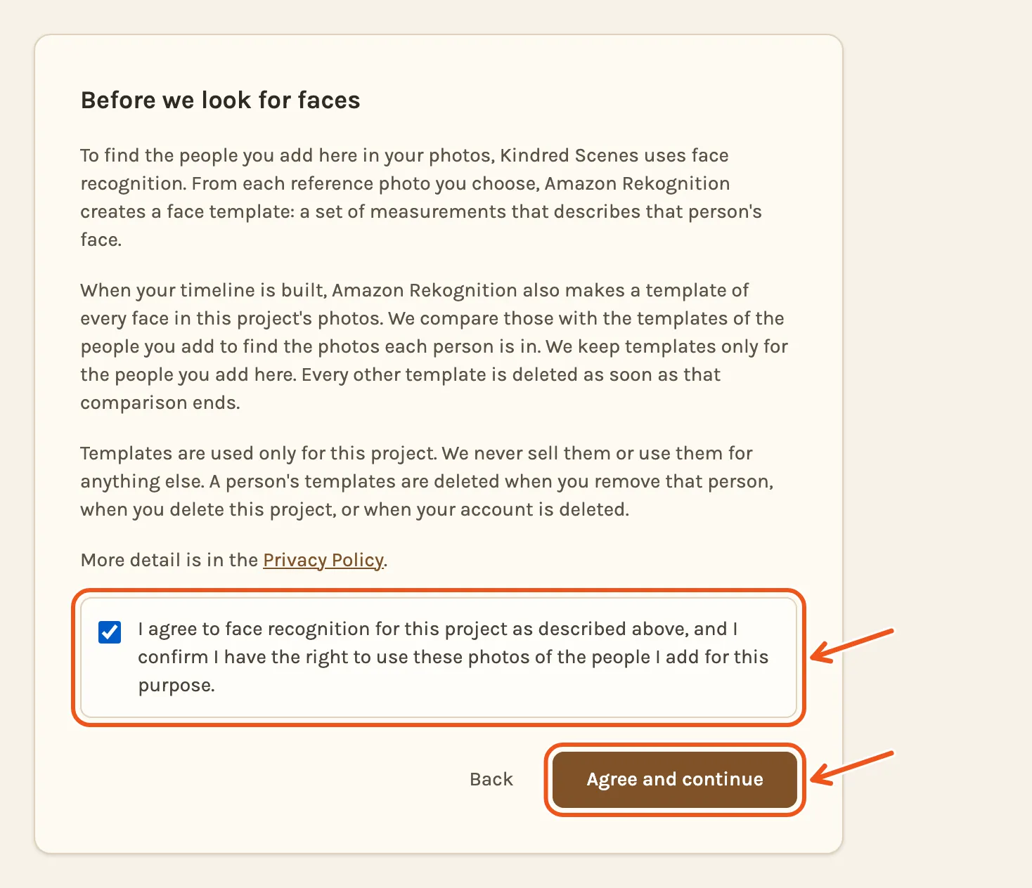 Before we look for faces: how Amazon Rekognition makes face templates and when they are deleted, with the agreement box ticked and Agree and continue marked.