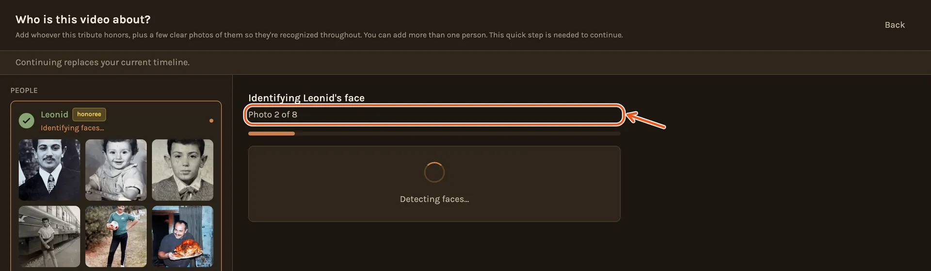 Identifying Leonid's face, Photo 2 of 8, with the step counter marked.