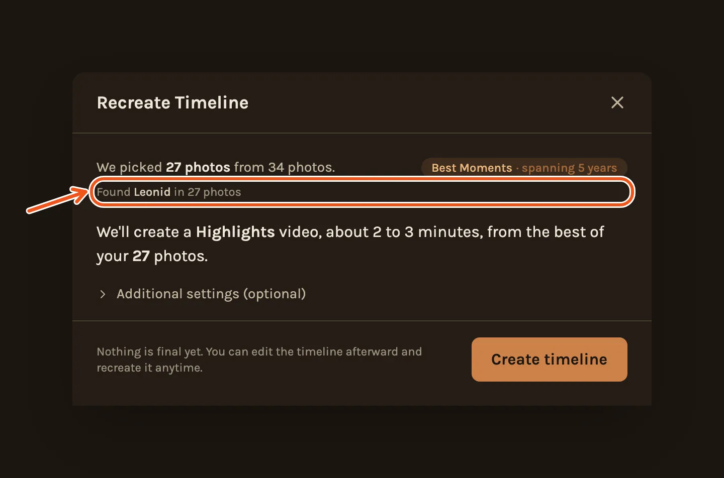 The length step: We picked 27 photos from 34, with the line Found Leonid in 27 photos marked, and Create timeline below.