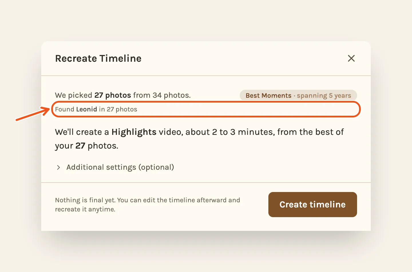 The length step: We picked 27 photos from 34, with the line Found Leonid in 27 photos marked, and Create timeline below.