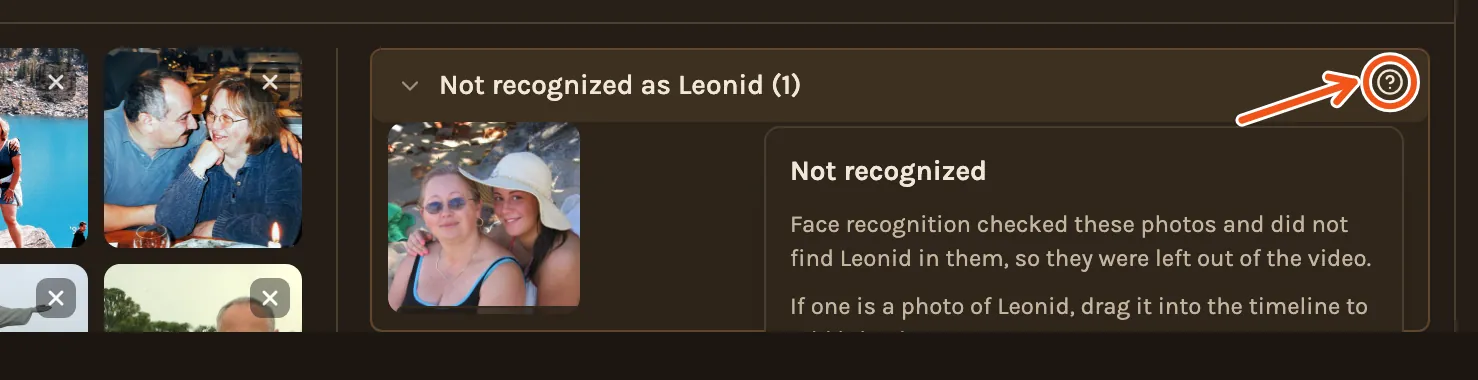 The explanation that opens from the question mark beside Not recognized as Leonid, the question mark marked.