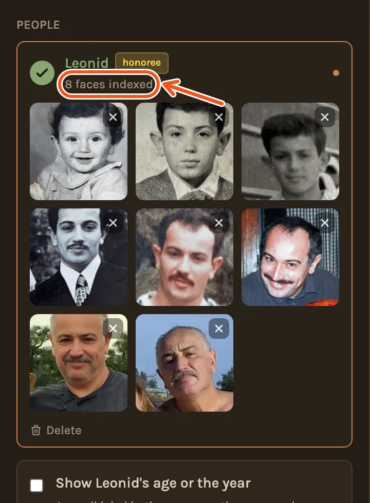 Leonid's card with 8 faces indexed marked, and his face from each reference photo, from a baby to his seventies.