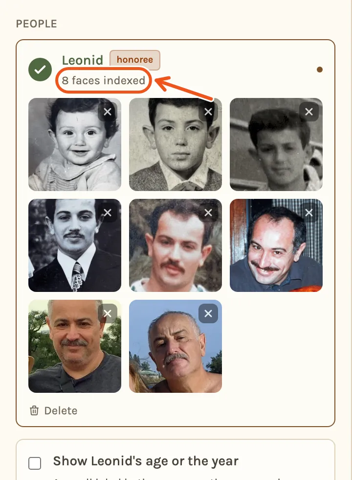 Leonid's card with 8 faces indexed marked, and his face from each reference photo, from a baby to his seventies.