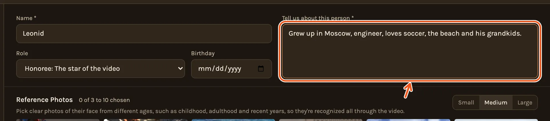 The person form filled in for Leonid: his name, Honoree, the birthday left empty, and a line about him, which is marked.