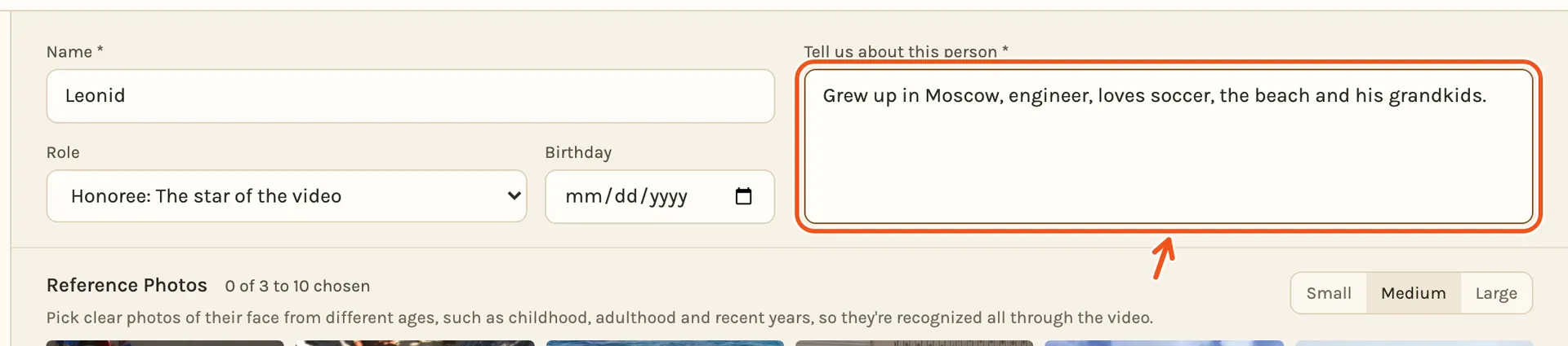 The person form filled in for Leonid: his name, Honoree, the birthday left empty, and a line about him, which is marked.