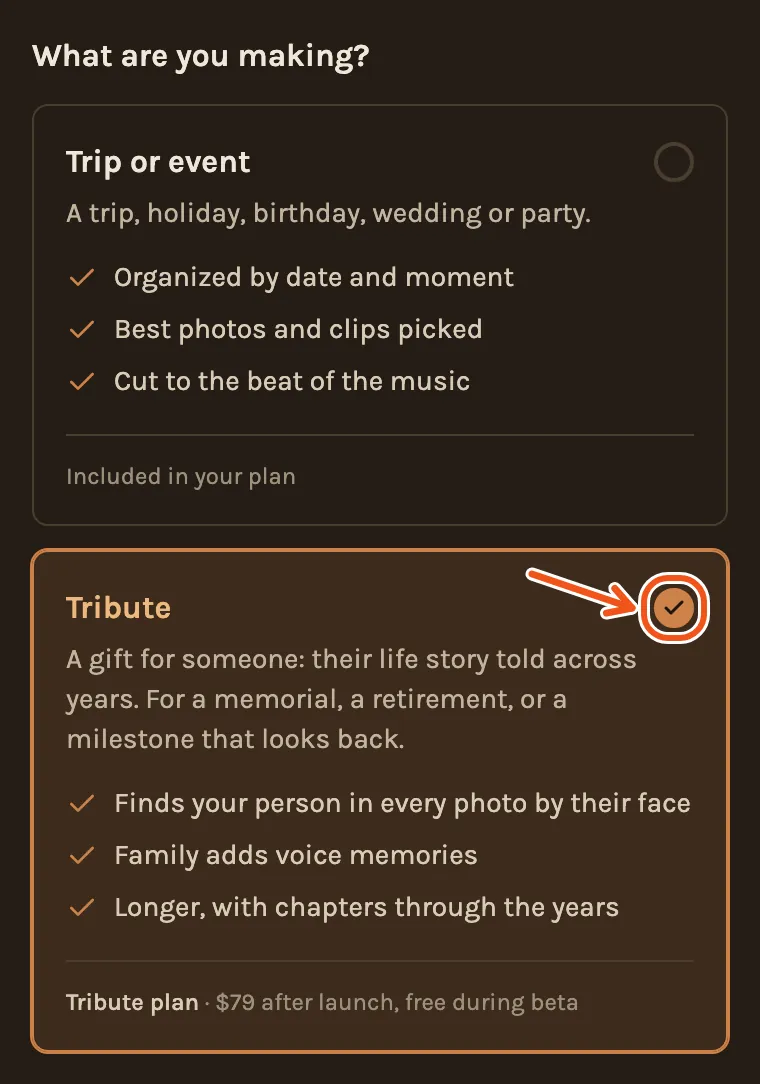 What are you making? on the New Project page on a phone, the Tribute card chosen, with its tick marked.