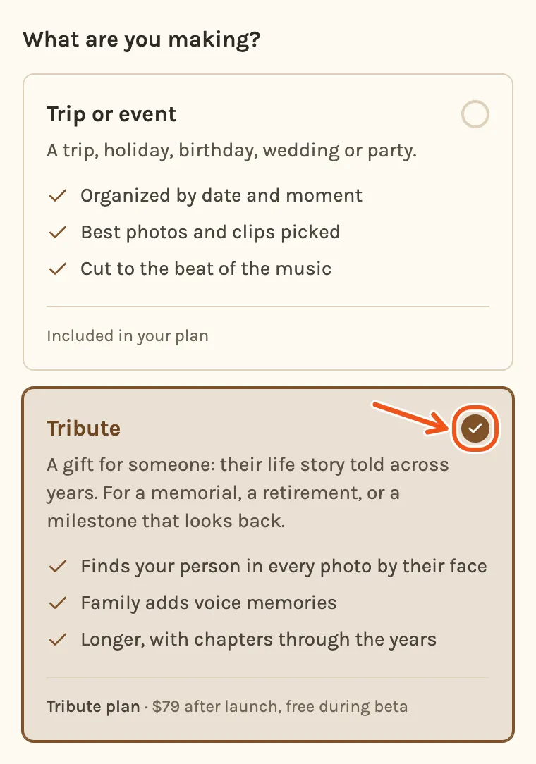 What are you making? on the New Project page on a phone, the Tribute card chosen, with its tick marked.