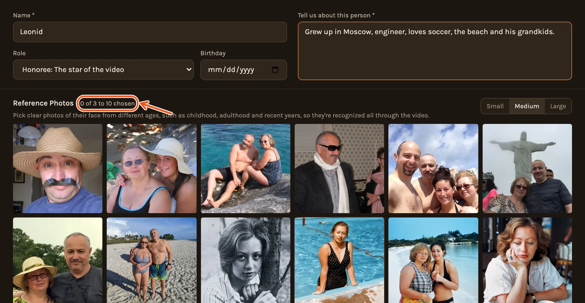 Reference Photos under the form, a grid of the project's photos, with the counter 0 of 3 to 10 chosen marked.