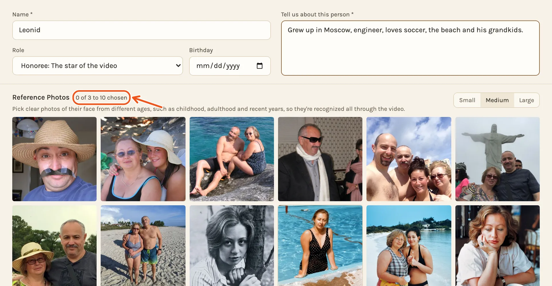 Reference Photos under the form, a grid of the project's photos, with the counter 0 of 3 to 10 chosen marked.