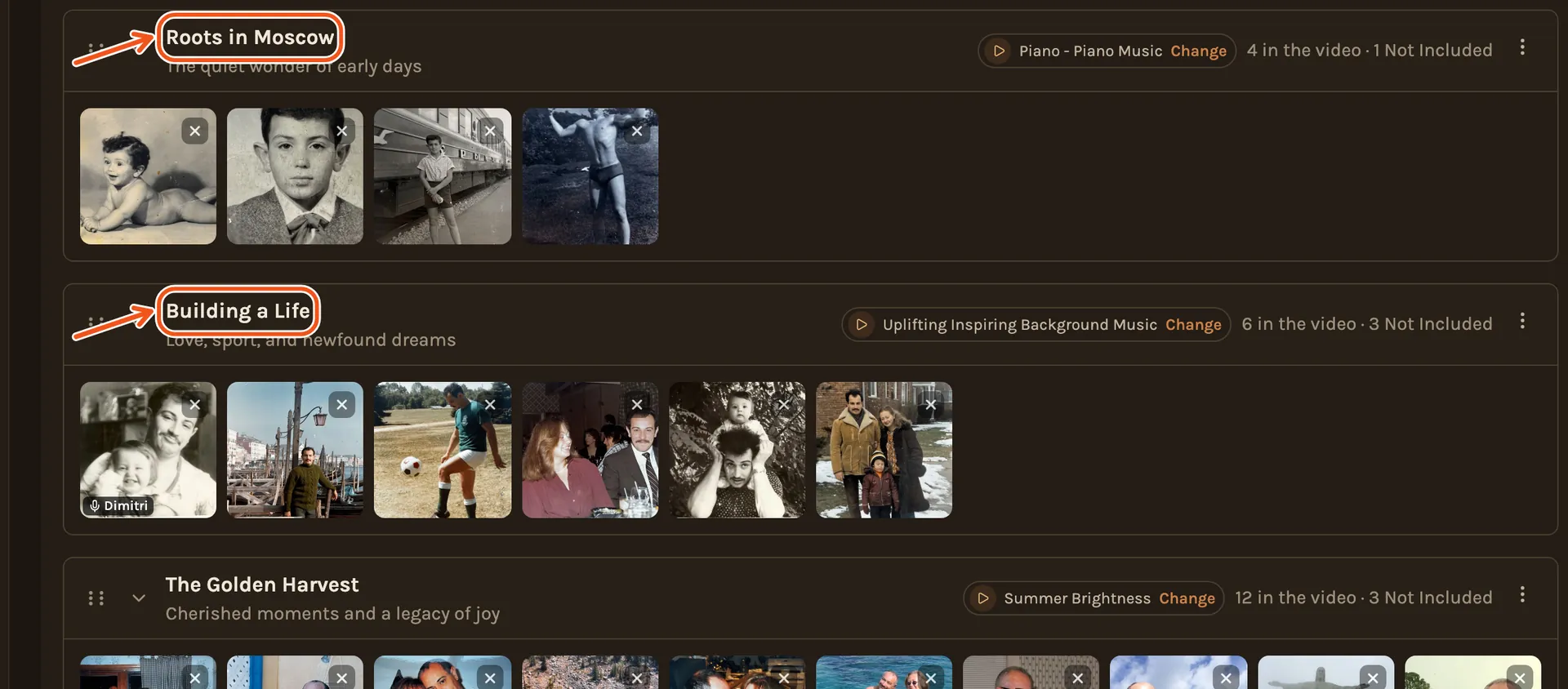 Leonid's timeline, its chapters through the years, each with its own title and song, the chapter titles marked.