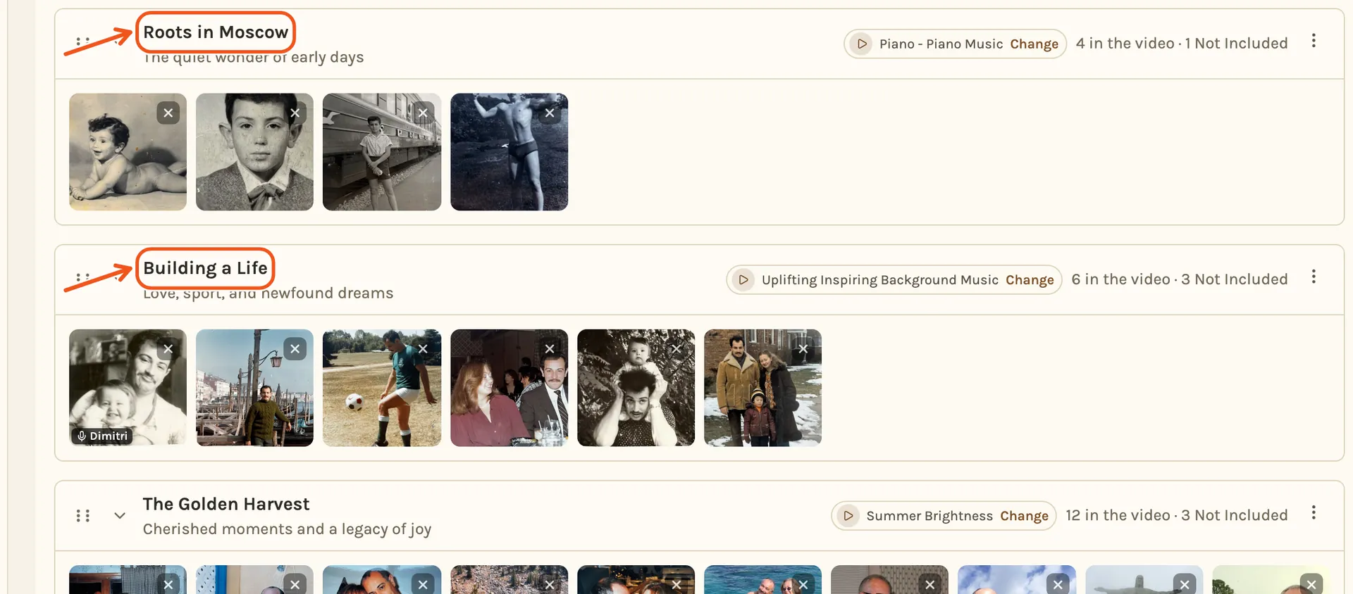 Leonid's timeline, its chapters through the years, each with its own title and song, the chapter titles marked.