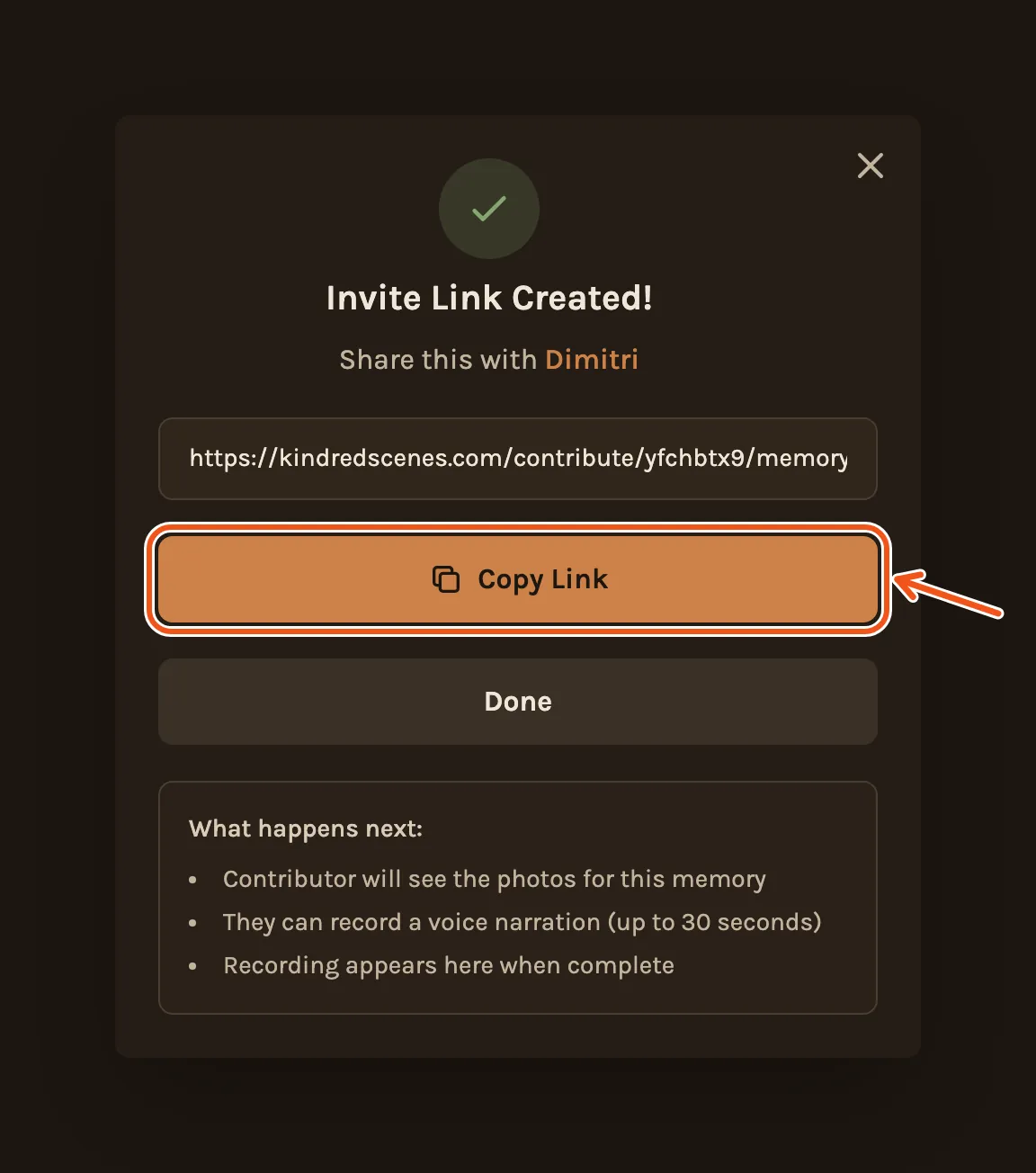 Invite Link Created! Share this with Dimitri, with Copy Link marked.