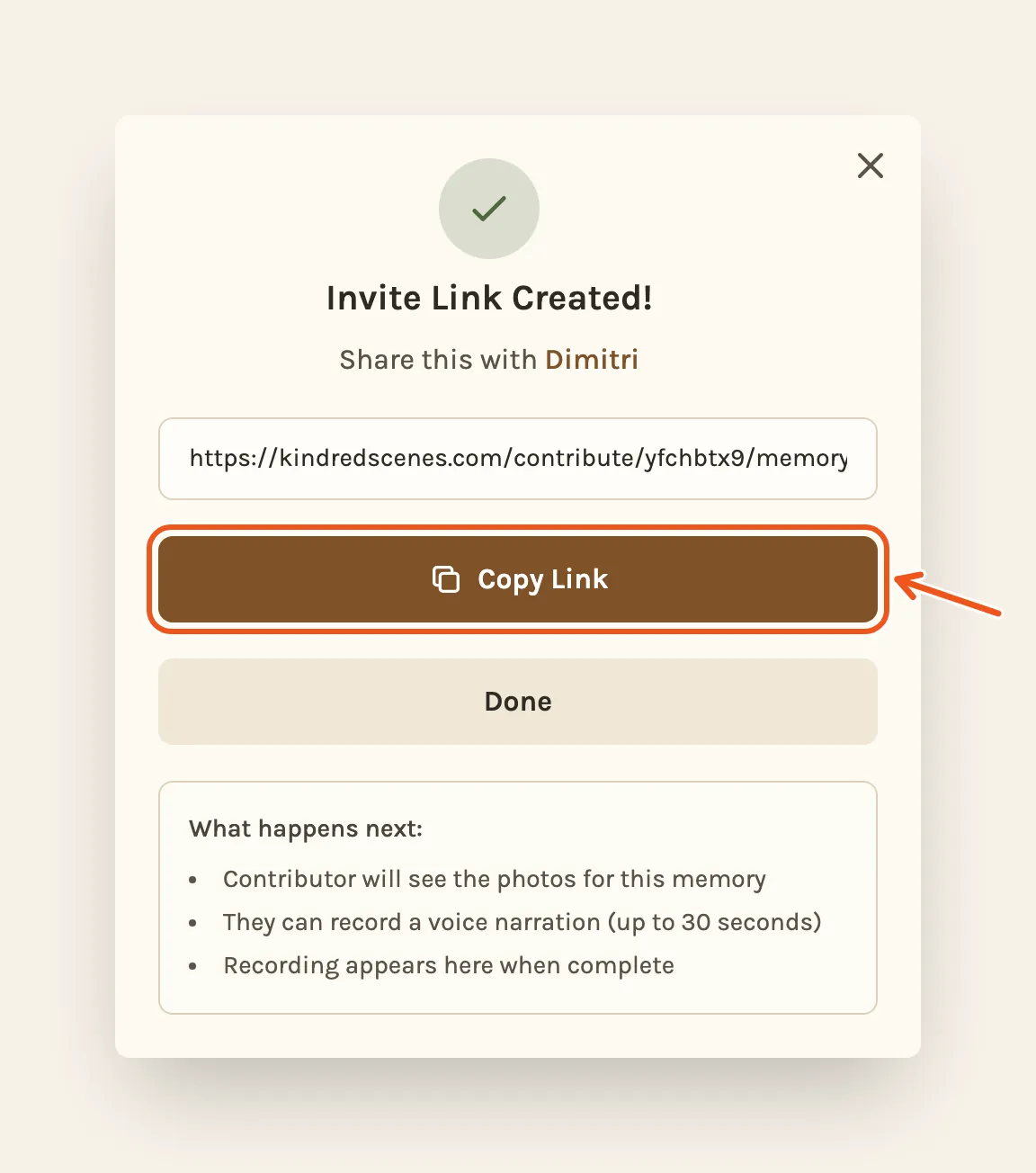 Invite Link Created! Share this with Dimitri, with Copy Link marked.