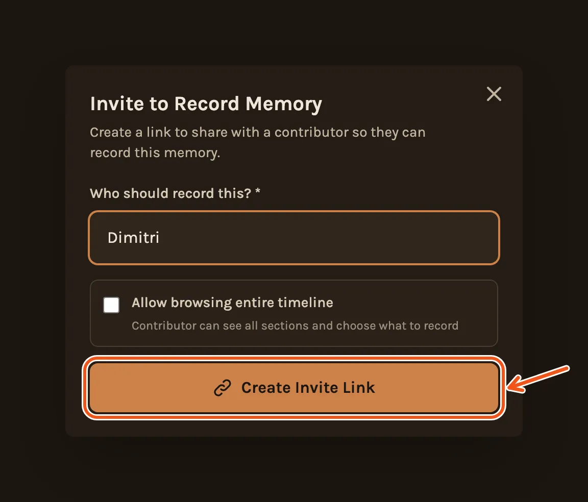 Invite to Record Memory with a name typed in, with Create Invite Link marked.