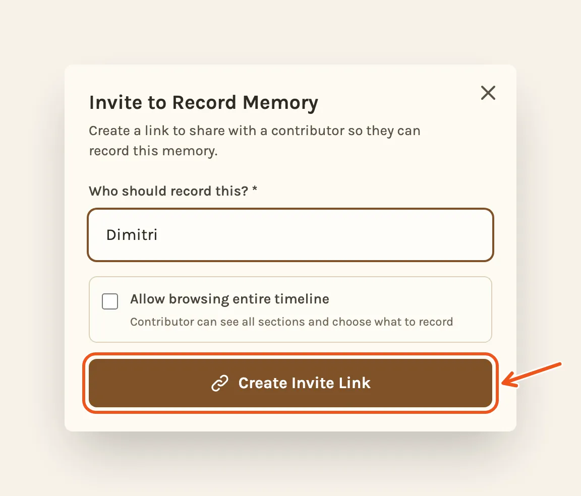Invite to Record Memory with a name typed in, with Create Invite Link marked.