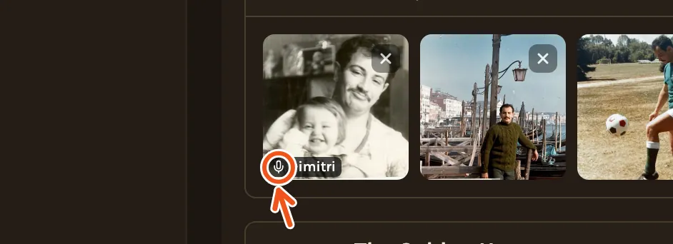 The photo on the timeline with a small microphone mark and the name Dimitri, the mark marked.