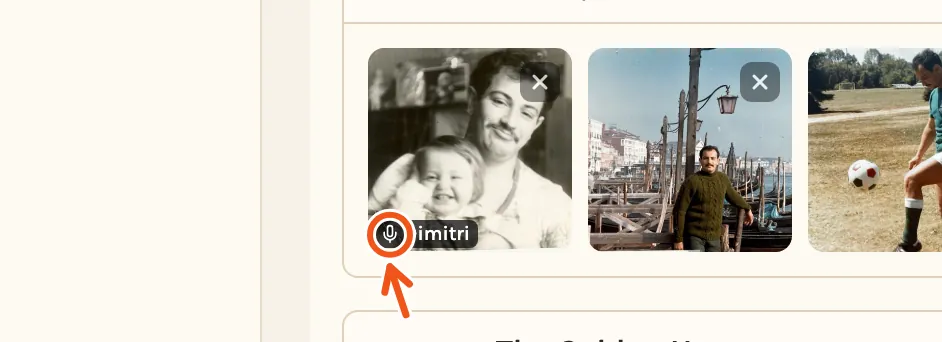 The photo on the timeline with a small microphone mark and the name Dimitri, the mark marked.