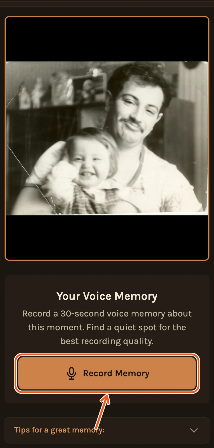 What the relative sees on their phone: young Leonid holding his baby son, and Your Voice Memory, with Record Memory marked.
