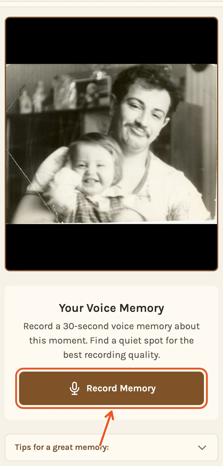 What the relative sees on their phone: young Leonid holding his baby son, and Your Voice Memory, with Record Memory marked.