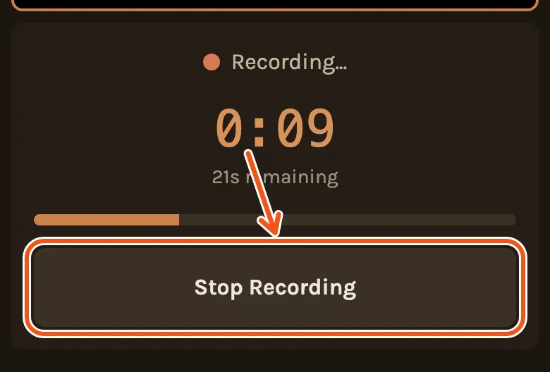 Recording on the phone, the time counting and the seconds left, with Stop Recording marked.