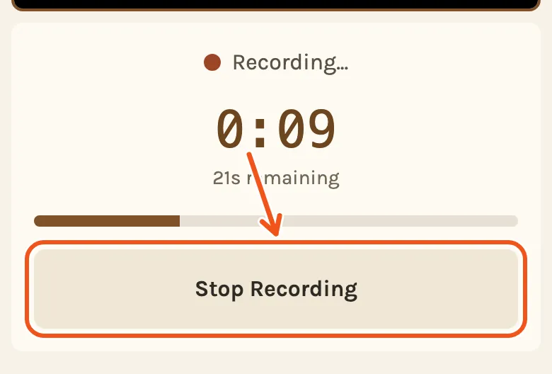 Recording on the phone, the time counting and the seconds left, with Stop Recording marked.
