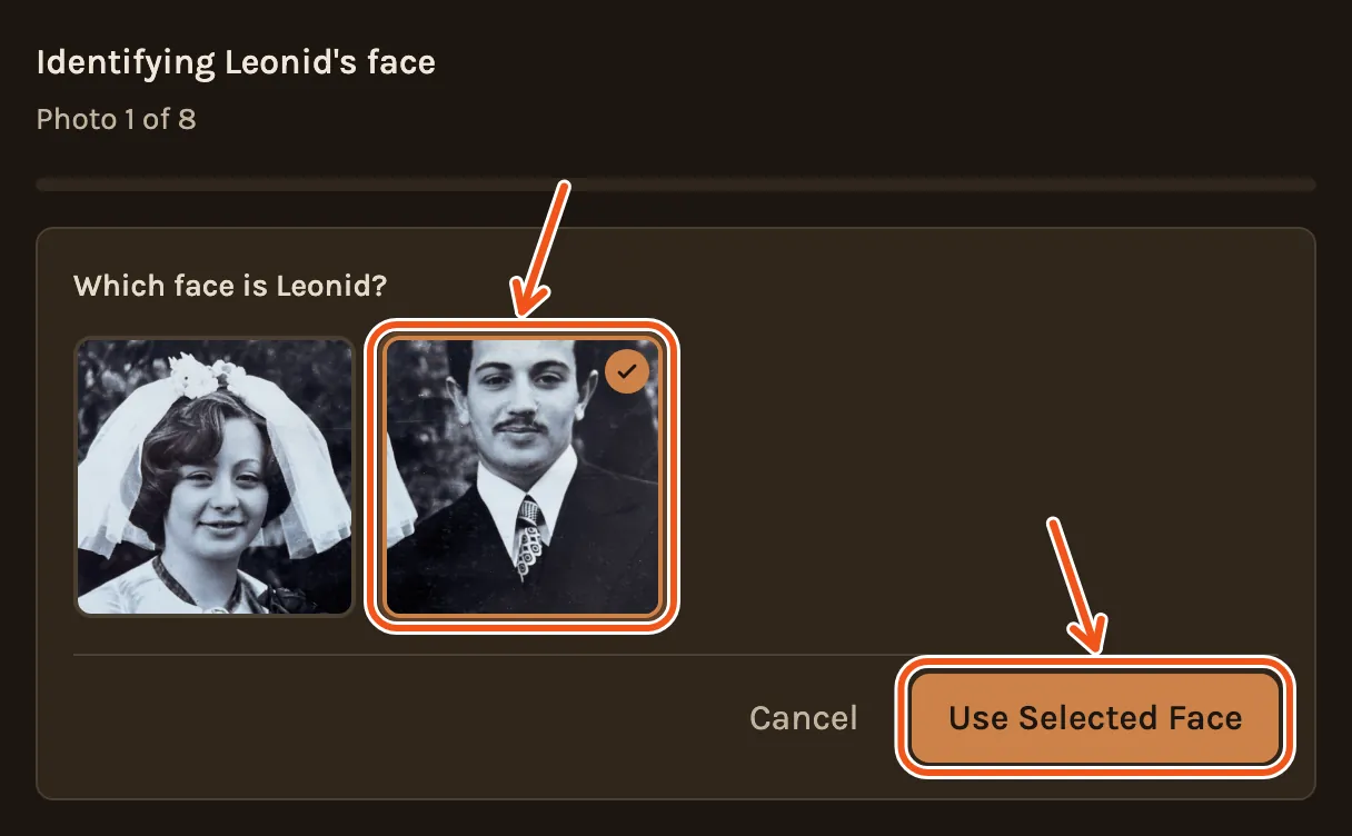 Which face is Leonid? on his wedding photo, the bride's face and his, with his face and Use Selected Face marked.