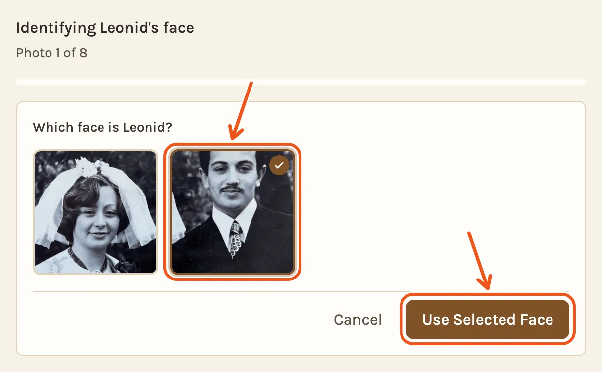 Which face is Leonid? on his wedding photo, the bride's face and his, with his face and Use Selected Face marked.