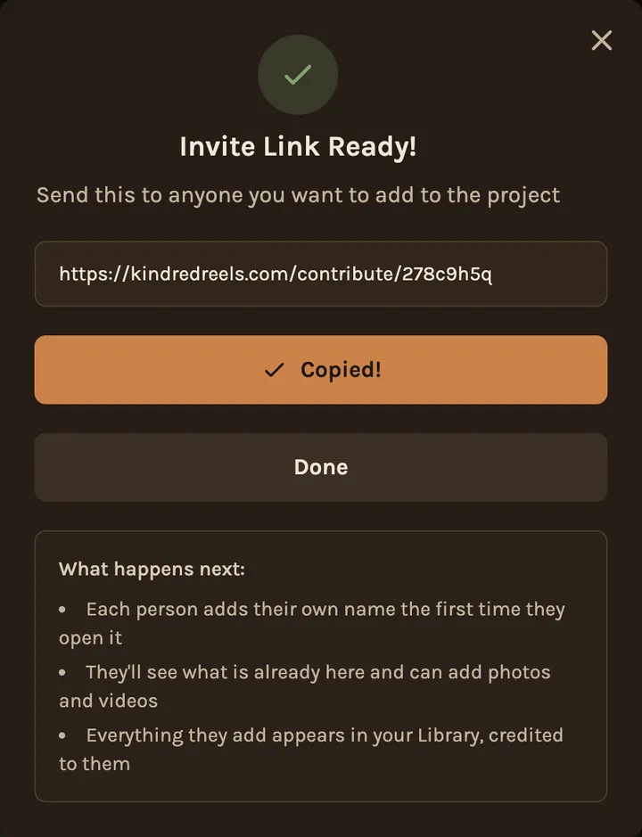The invite link, ready to send to everyone who was there.
