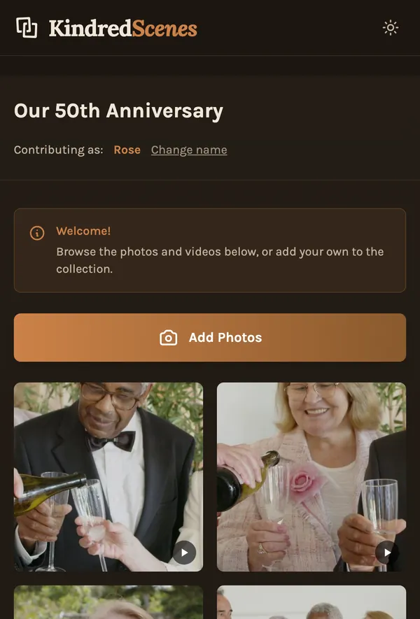 What a guest sees on their phone after opening the link: the photos already added, and a button to add their own.